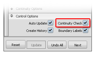 Continuity Check option in surface tool control windows